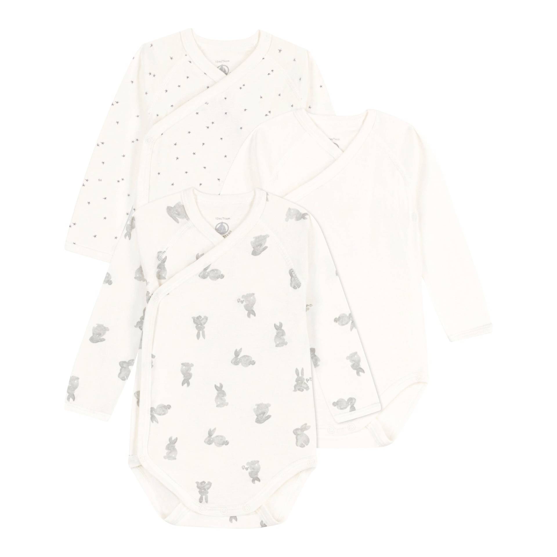 3er-Pack Wickelbodys langarm Hasen Sterne von Petit Bateau