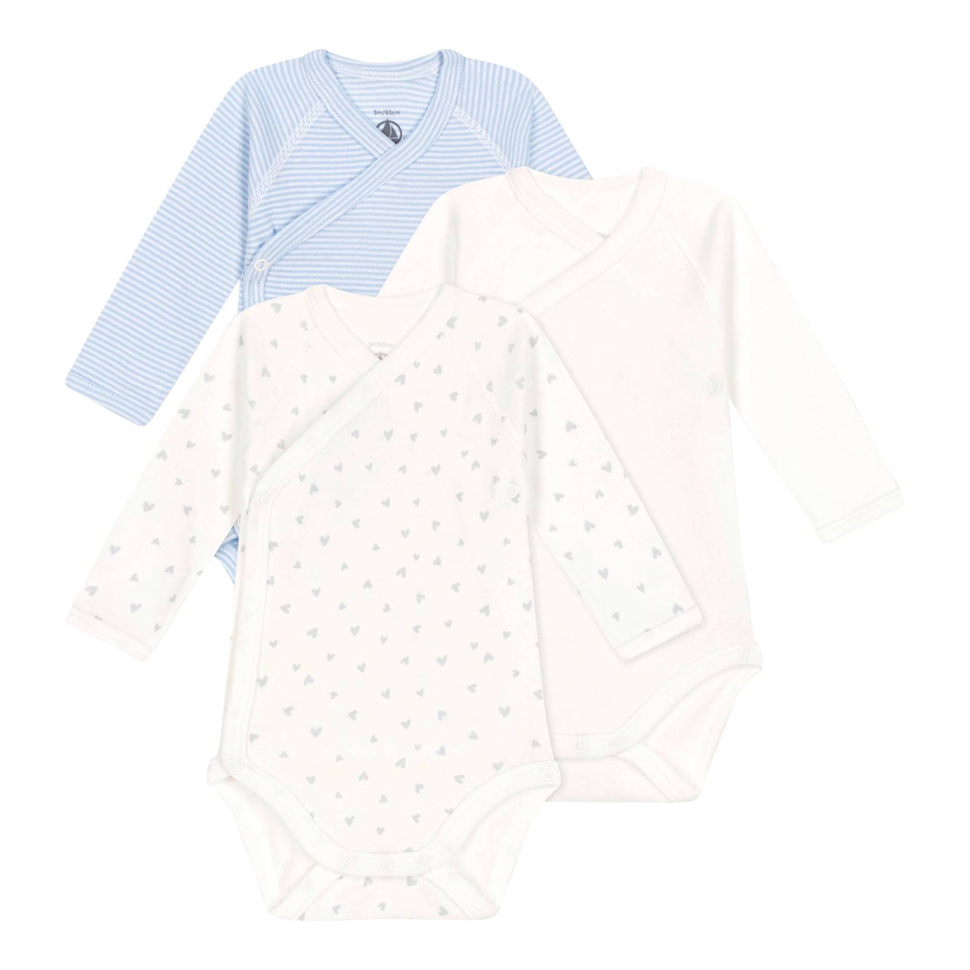 3er-Pack Wickelbodys langarm Herzen Ringel von Petit Bateau