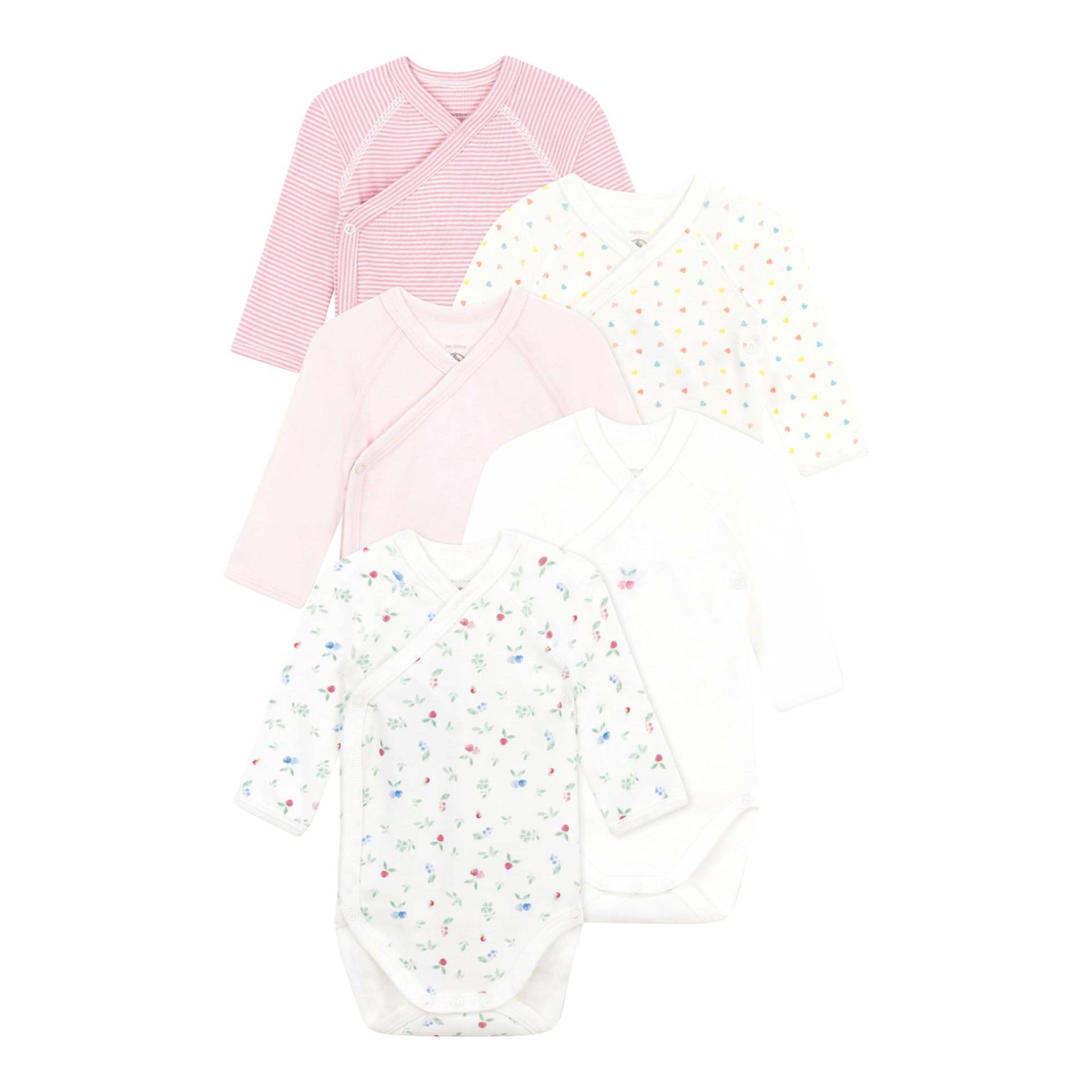 5er-Pack Wickelbodys langarm Kirschen Herzen Ringel von Petit Bateau