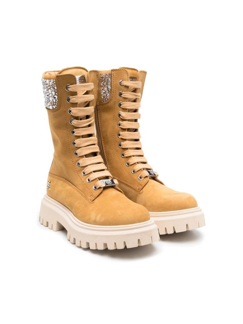 Philipp Plein Junior Nabuk rhinestone lace-up boots - Brown von Philipp Plein Junior