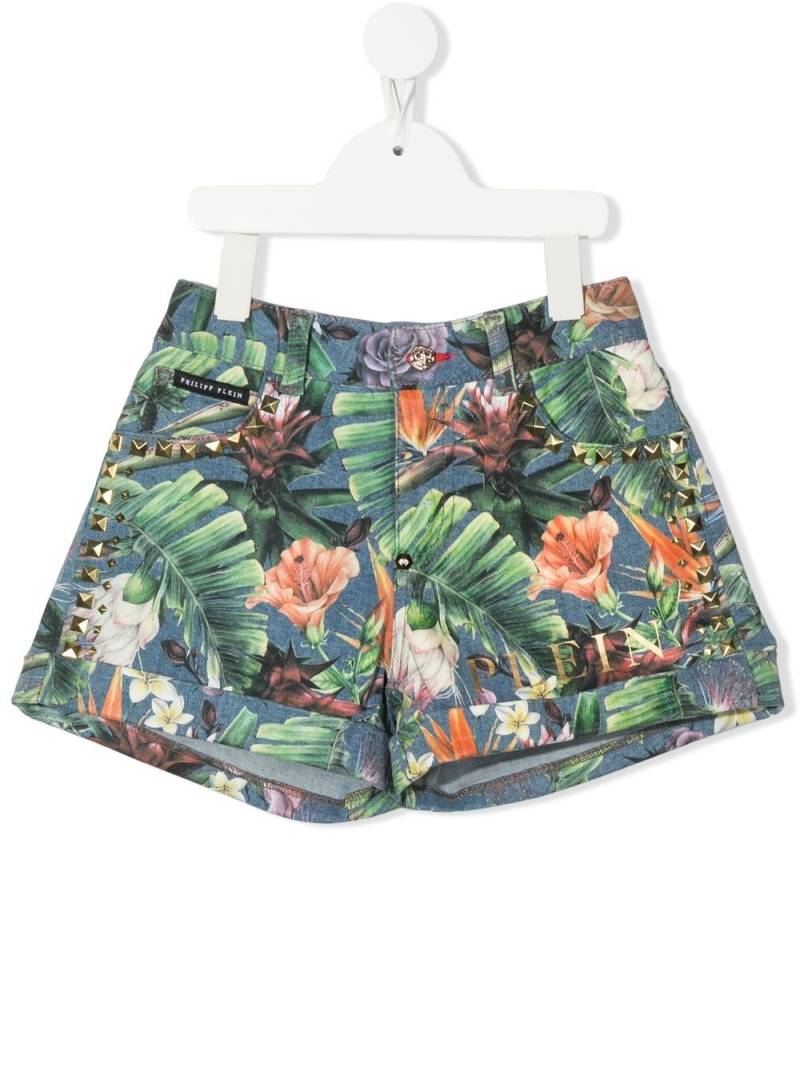 Philipp Plein Junior floral-print studded shorts - Blue von Philipp Plein Junior