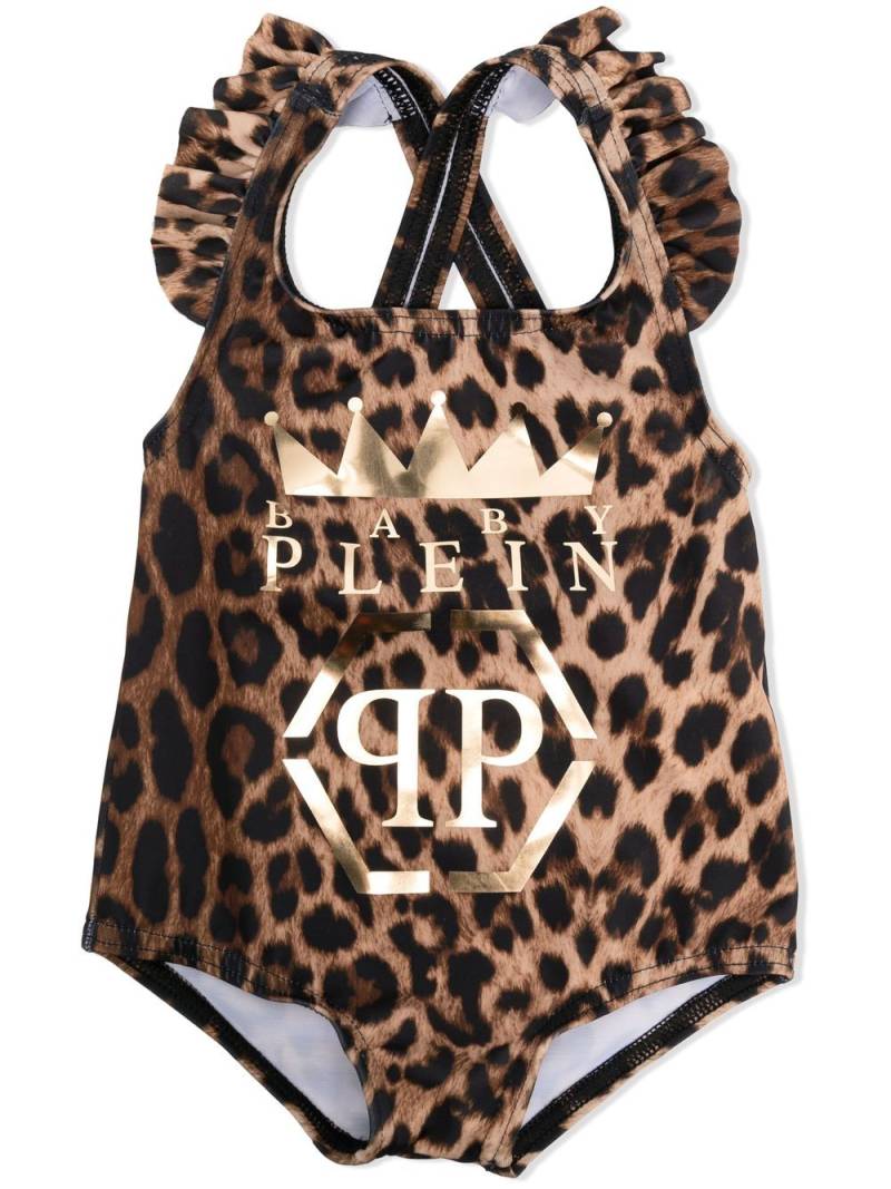 Philipp Plein Junior leopard-print logo swimsuit - Brown von Philipp Plein Junior