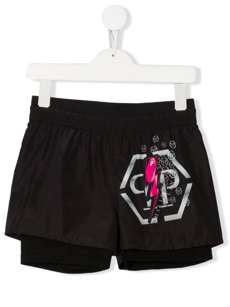 Philipp Plein Junior logo-print layered swimshorts - Black von Philipp Plein Junior