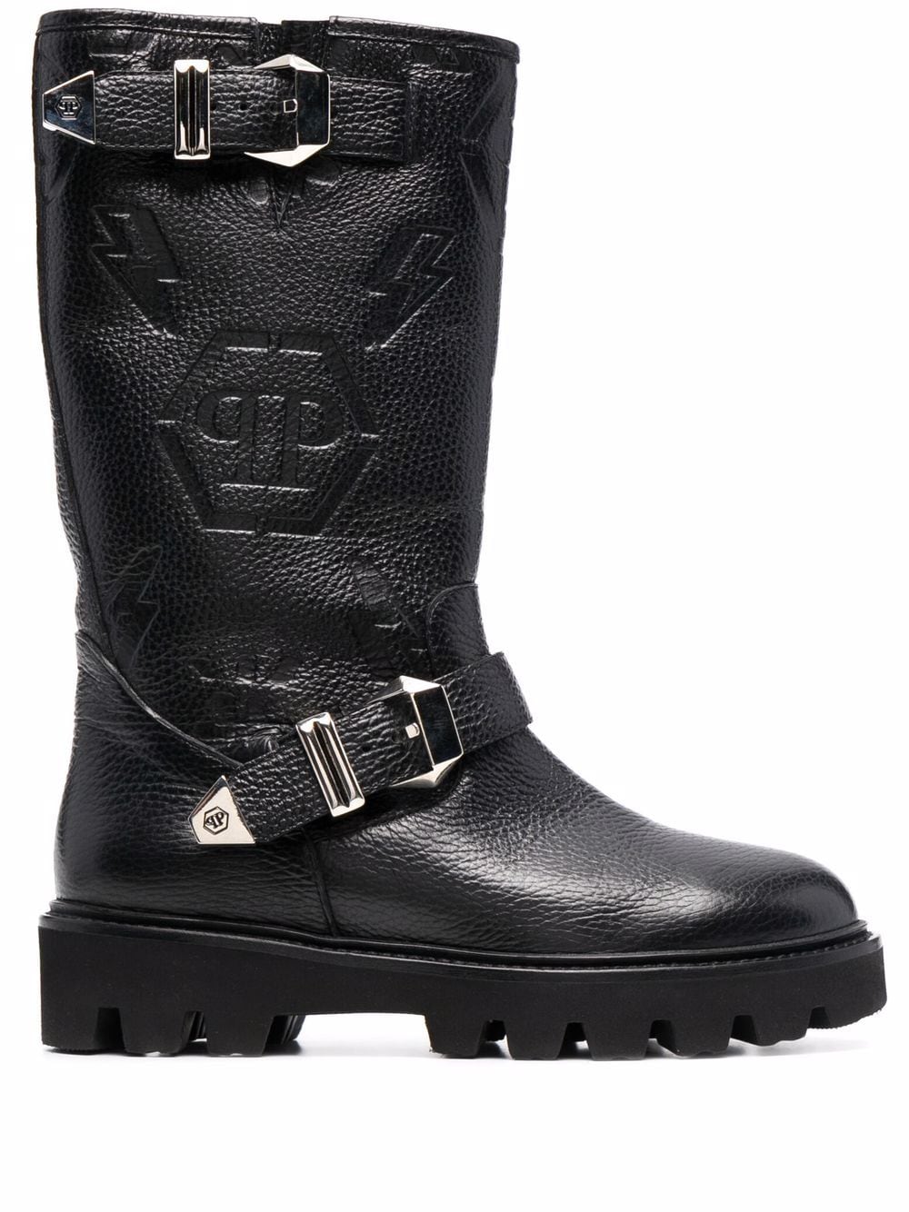 Philipp Plein Biker monogram-debossed leather boots - Black von Philipp Plein