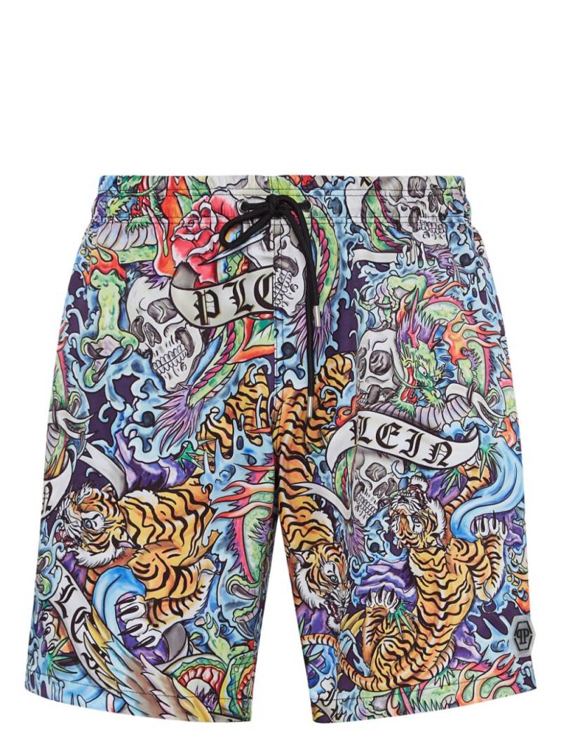 Philipp Plein Tattoo-print drawstring swim shorts - Blue von Philipp Plein