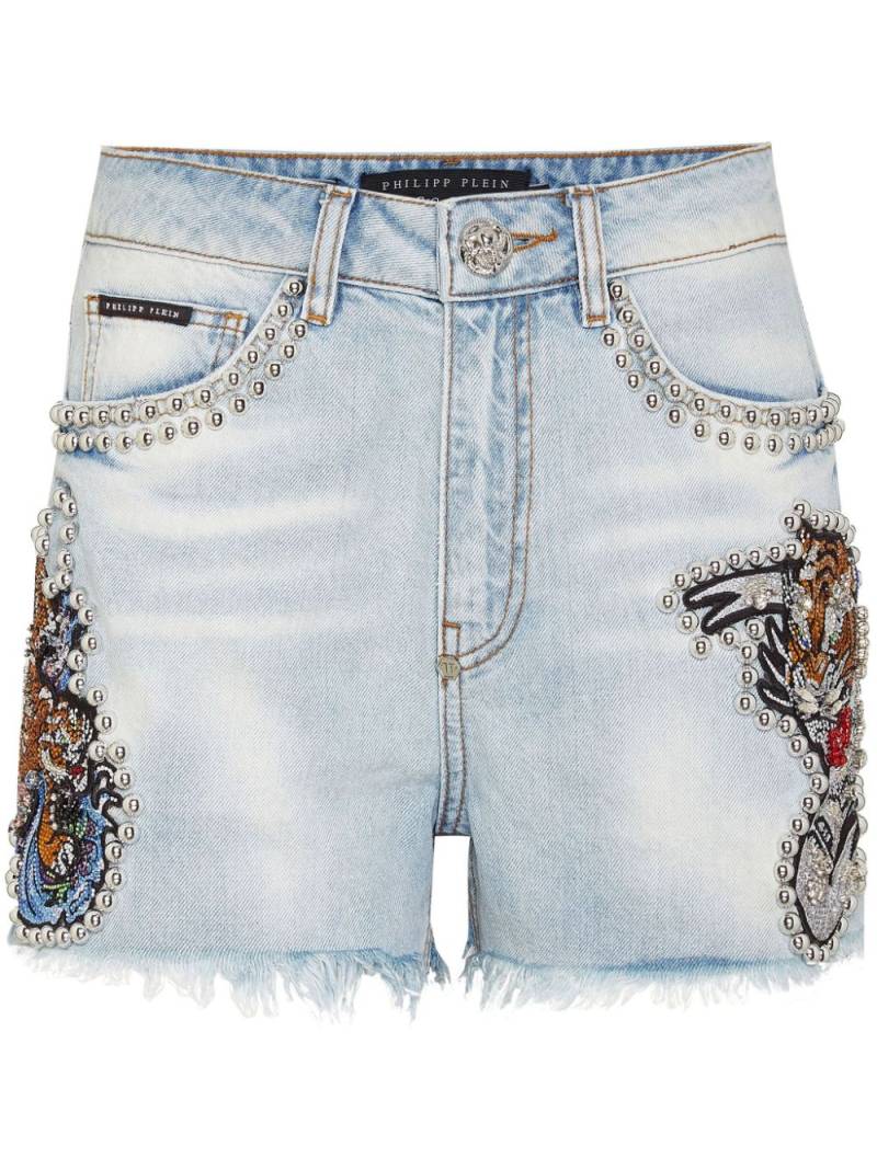 Philipp Plein Tattoo stud-embellished denim shorts - Blue von Philipp Plein