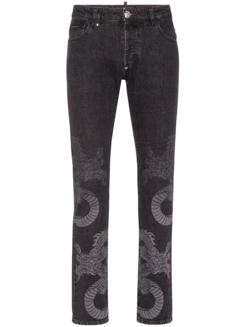 Philipp Plein dragon-print washed straight-leg jeans - Grey von Philipp Plein