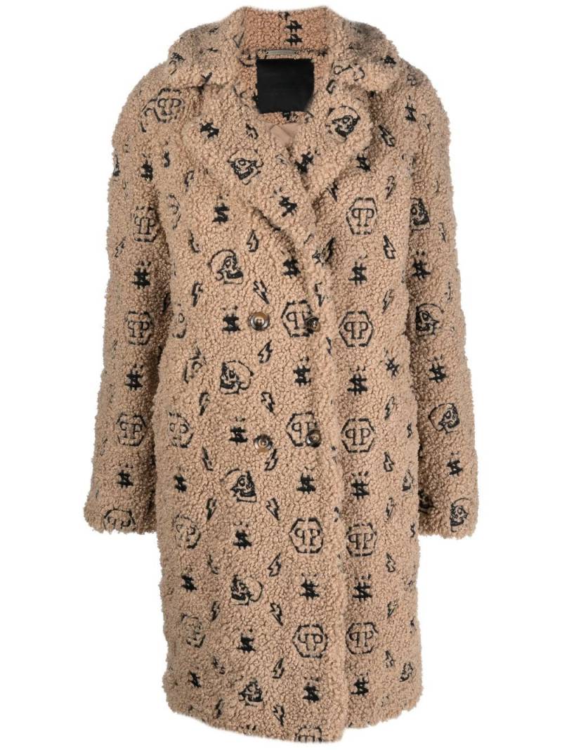 Philipp Plein faux-fur embroidered-monogram coat - Neutrals von Philipp Plein