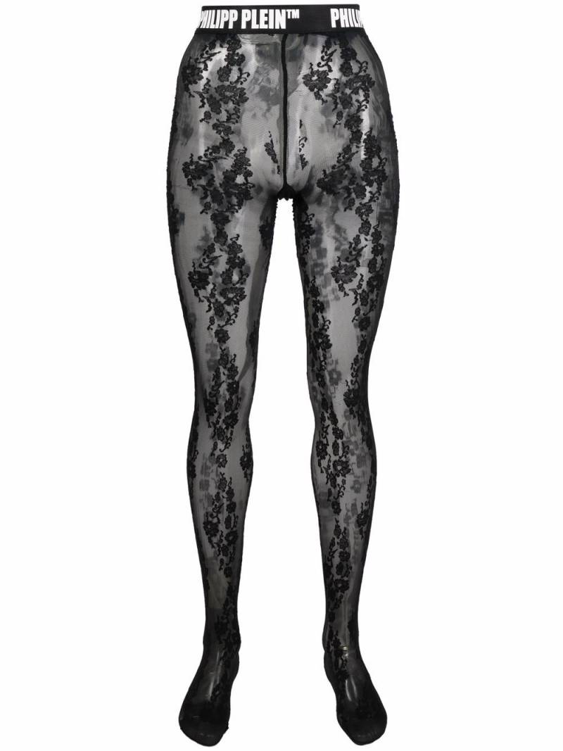 Philipp Plein floral-lace logo-waistband tights - Black von Philipp Plein