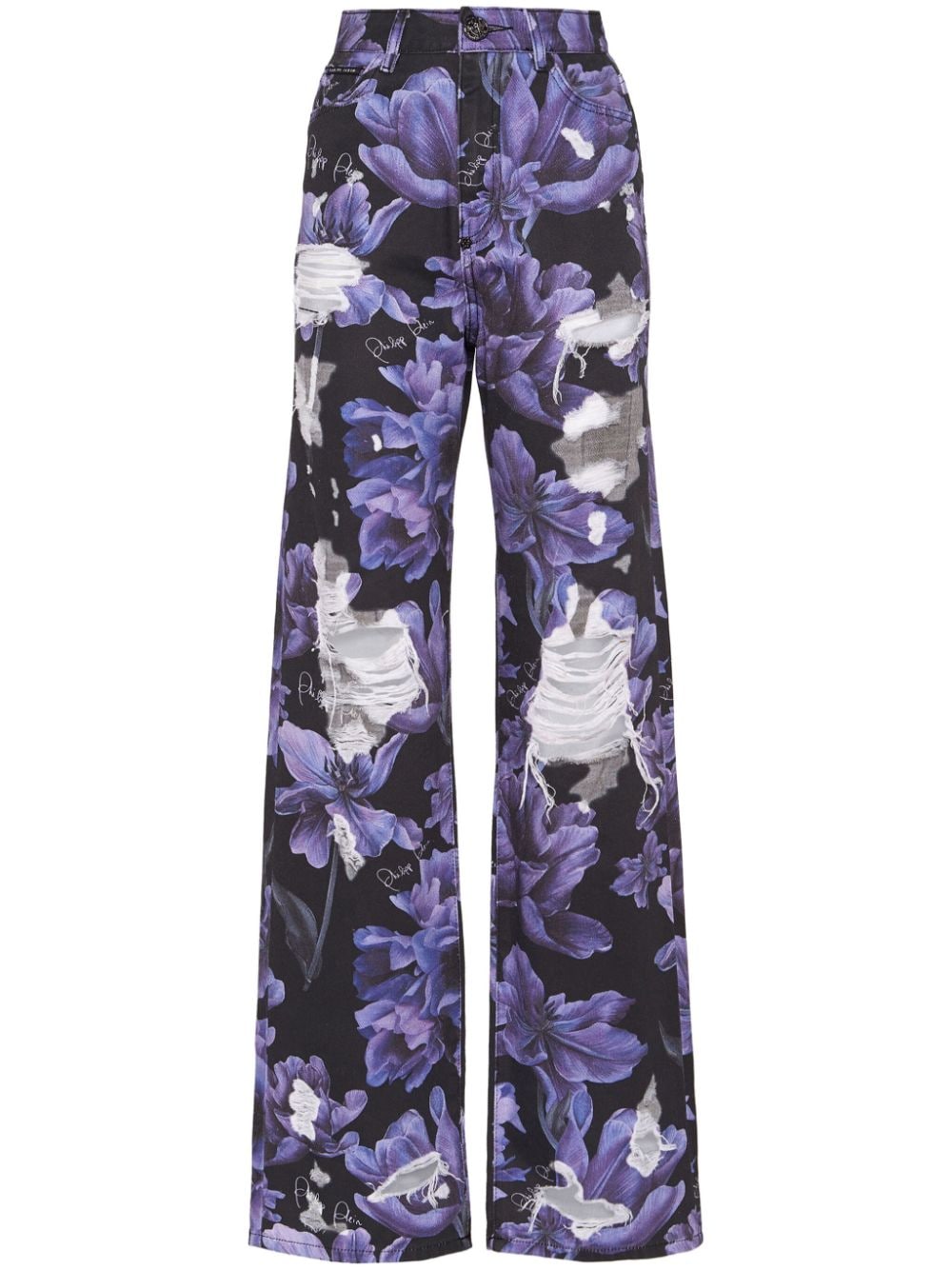 Philipp Plein floral-print high-rise wide-leg jeans - Black von Philipp Plein