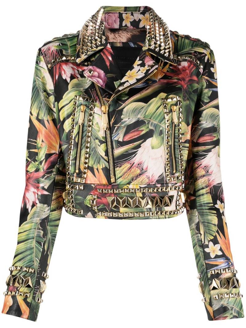 Philipp Plein floral-print studded biker jacket - Green von Philipp Plein