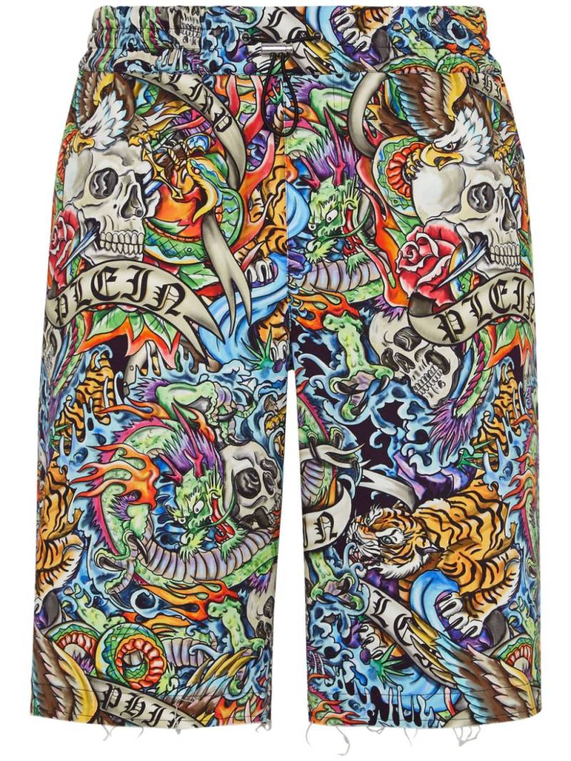 Philipp Plein graphic-print cotton shorts - Blue von Philipp Plein