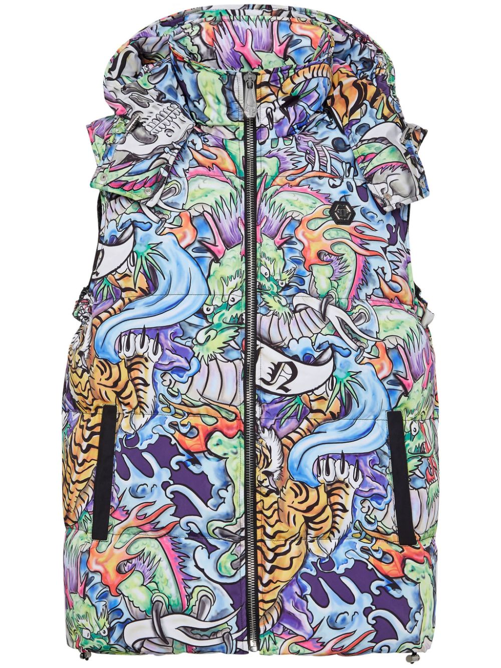 Philipp Plein tattoo-print hooded puffer gilet - Blue von Philipp Plein