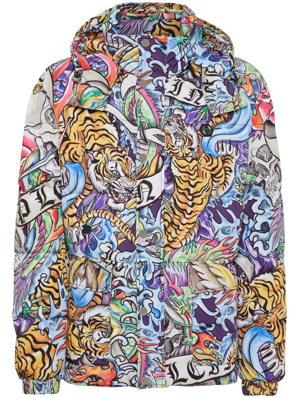 Philipp Plein tattoo-print hooded puffer jacket - Blue von Philipp Plein