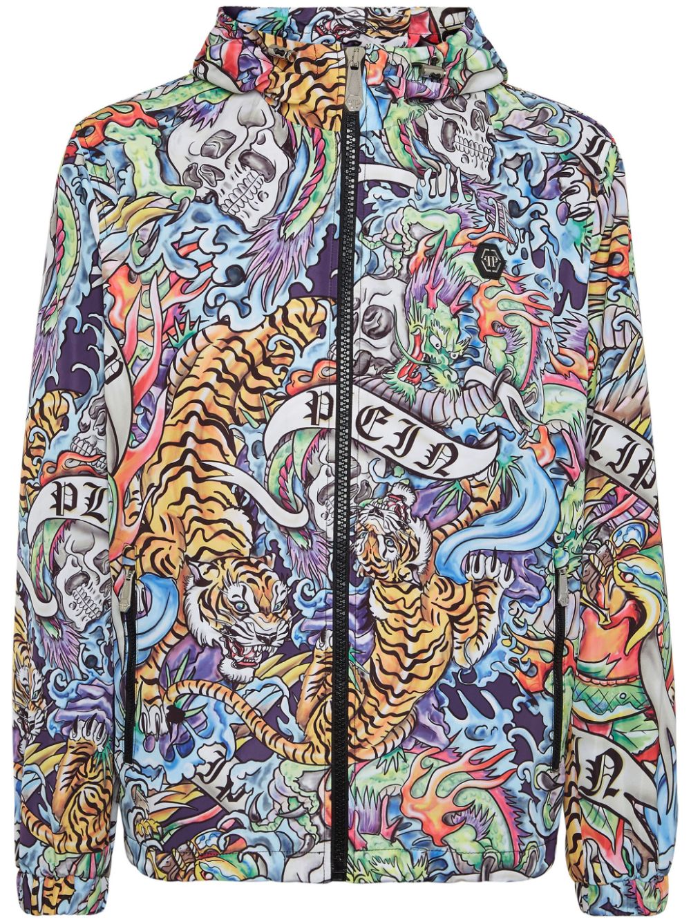 Philipp Plein tattoo-print hooded windbreaker jacket - Blue von Philipp Plein