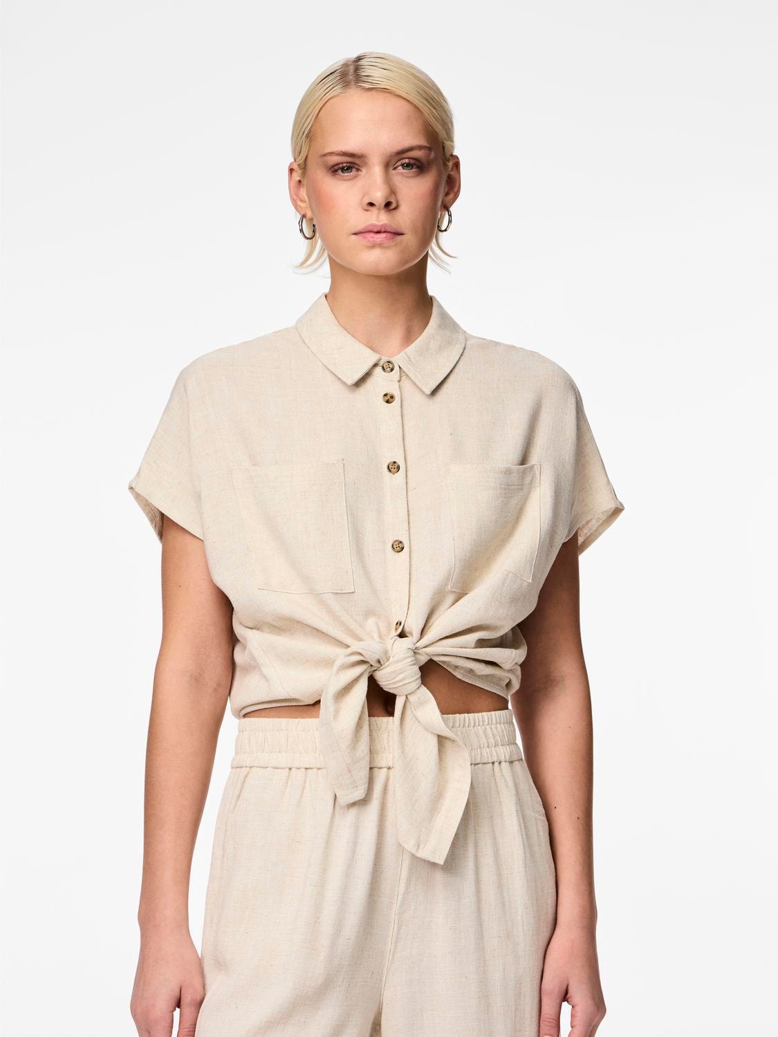 pieces Kurzarmbluse »PCVINSTY SS LINEN TIE SHIRT NOOS« von Pieces