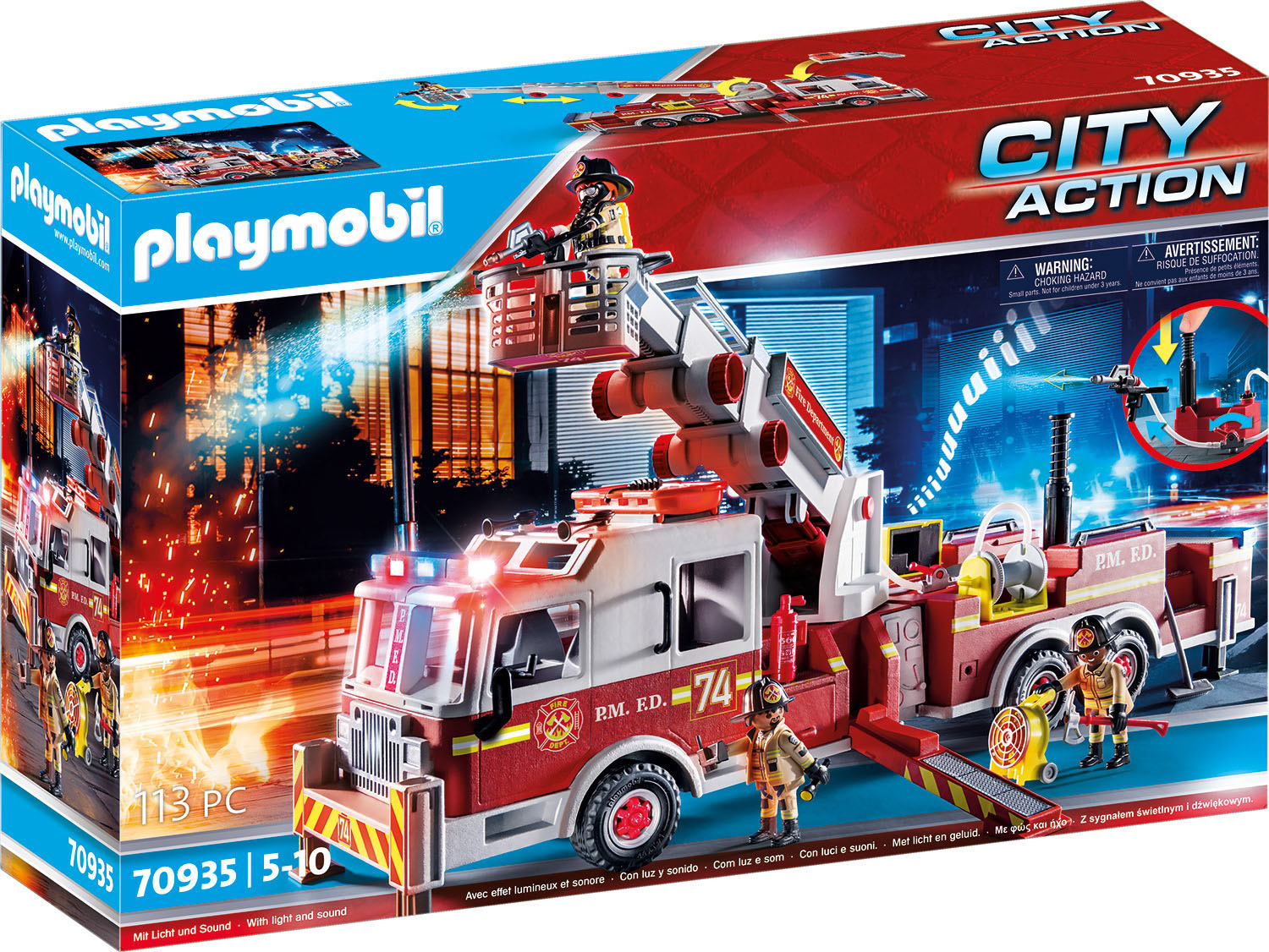 Playmobil® Konstruktions-Spielset »Feuerwehr-Fahrzeug: US Tower Ladder (70935), City Action«, (113 St.), mit Licht- und Soundeffekten, Made in Germany von Playmobil®