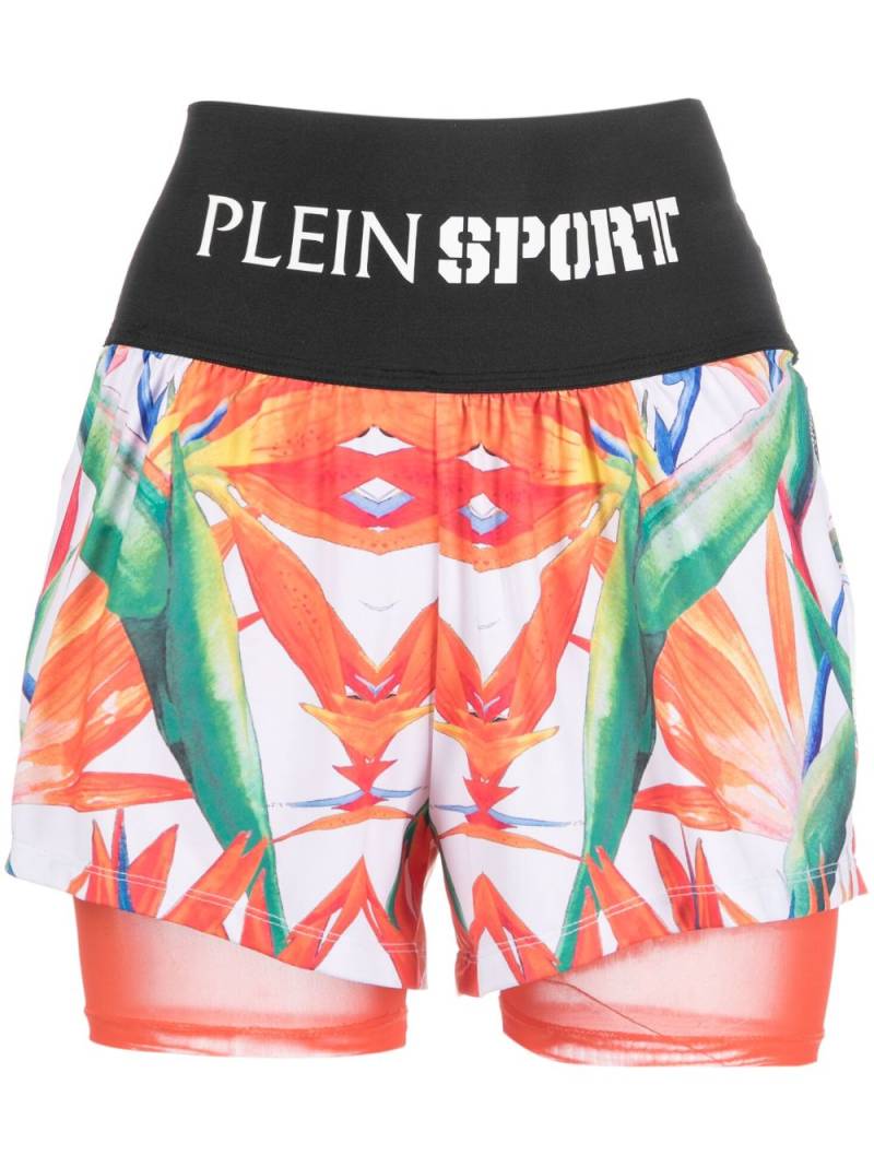 Plein Sport floral-print double-layered cotton running shorts - Black von Plein Sport