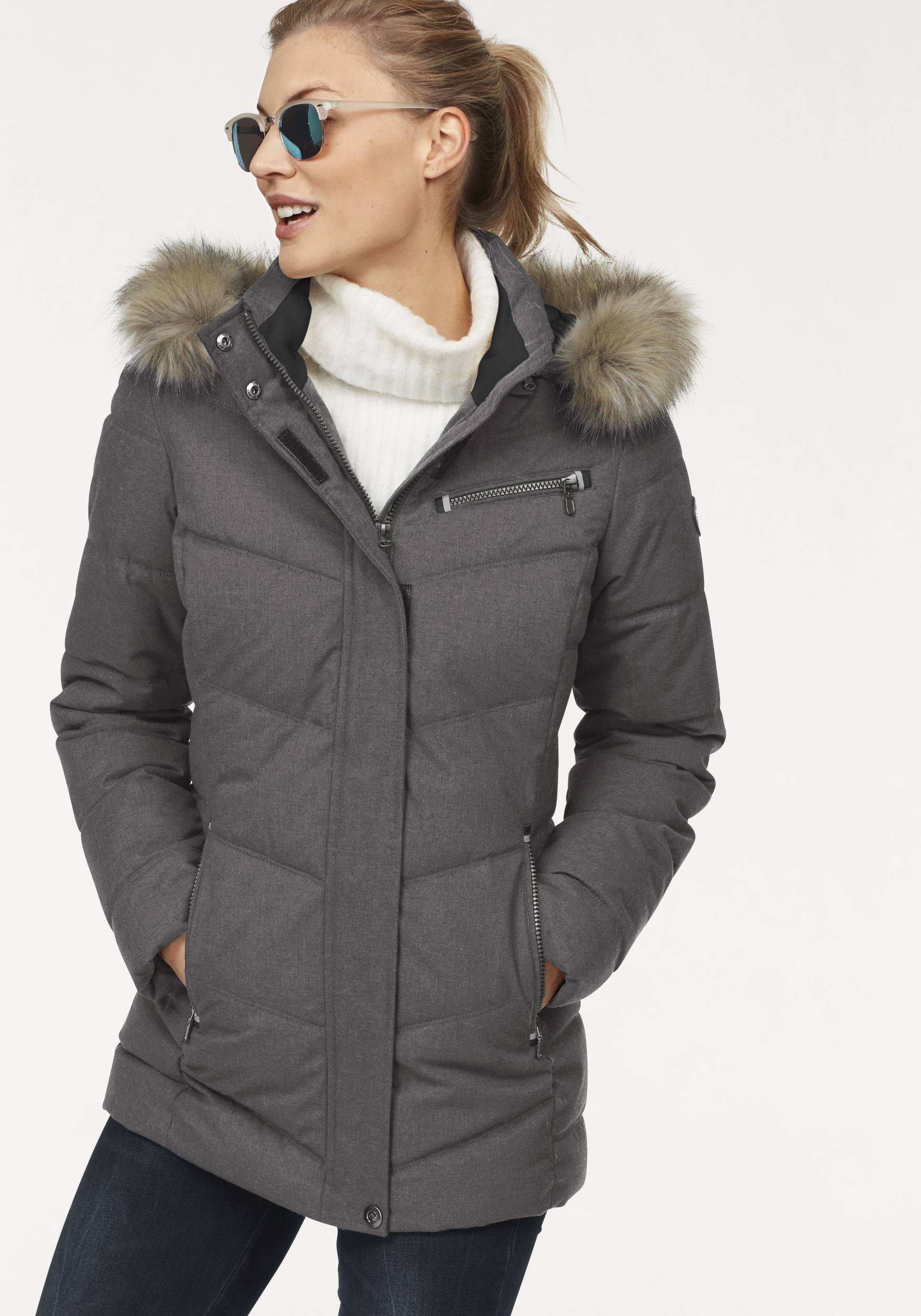 Polarino Steppjacke, mit Kapuze, mit abnehmbarer Kapuze, mit Fellimitat, viele Taschen Polarino Steppjacke, mit Kapuze, mit abnehmbarer Kapuze, mit Fellimitat, viele Taschen von Polarino