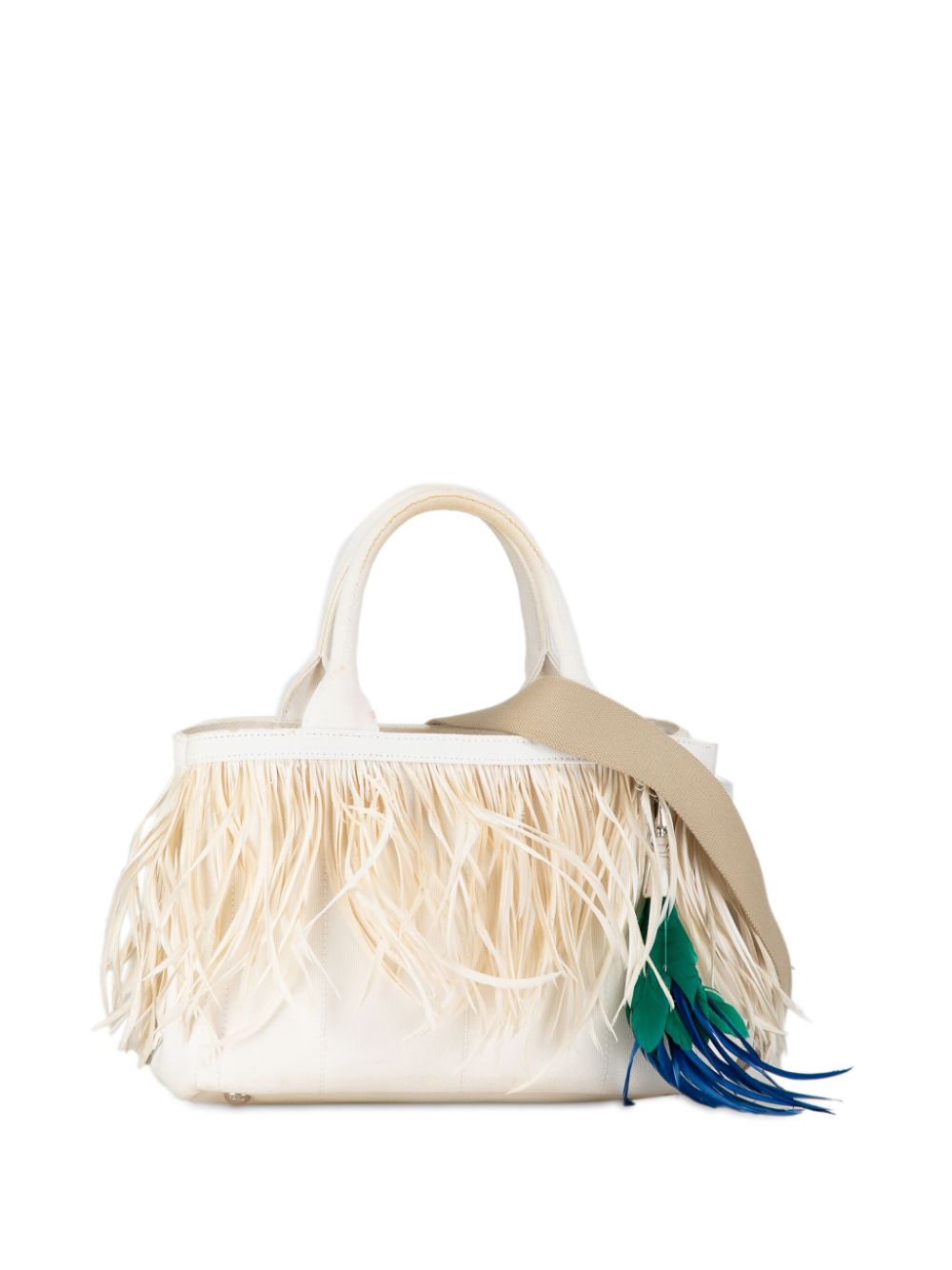Prada Pre-Owned 2013-2020 Feather Trimmed Canapa satchel - White von Prada Pre-Owned