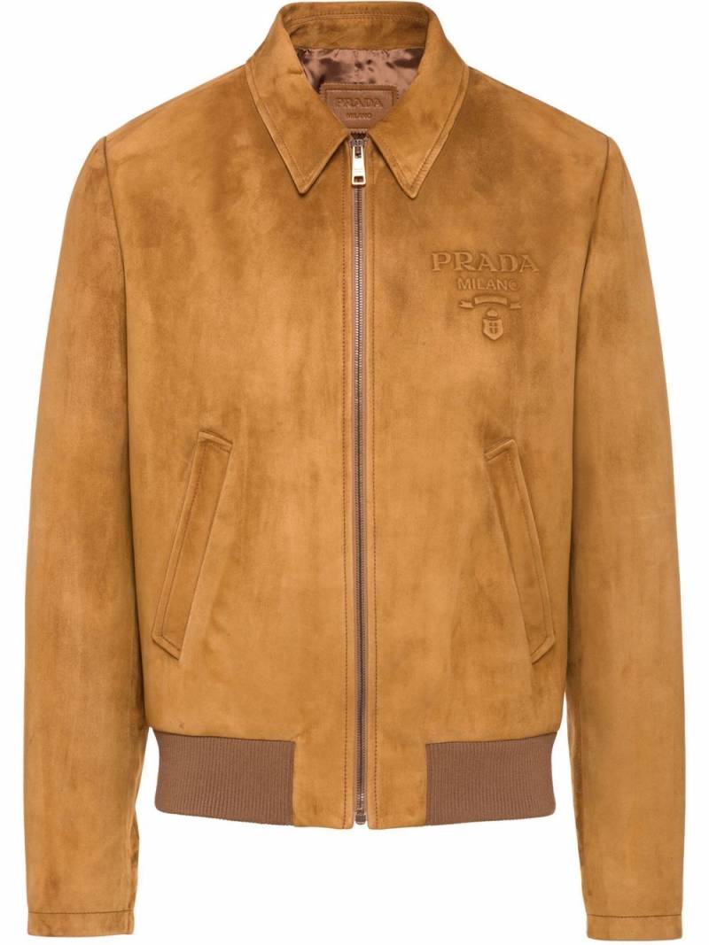 Prada embossed logo zipped suede jacket - Brown von Prada