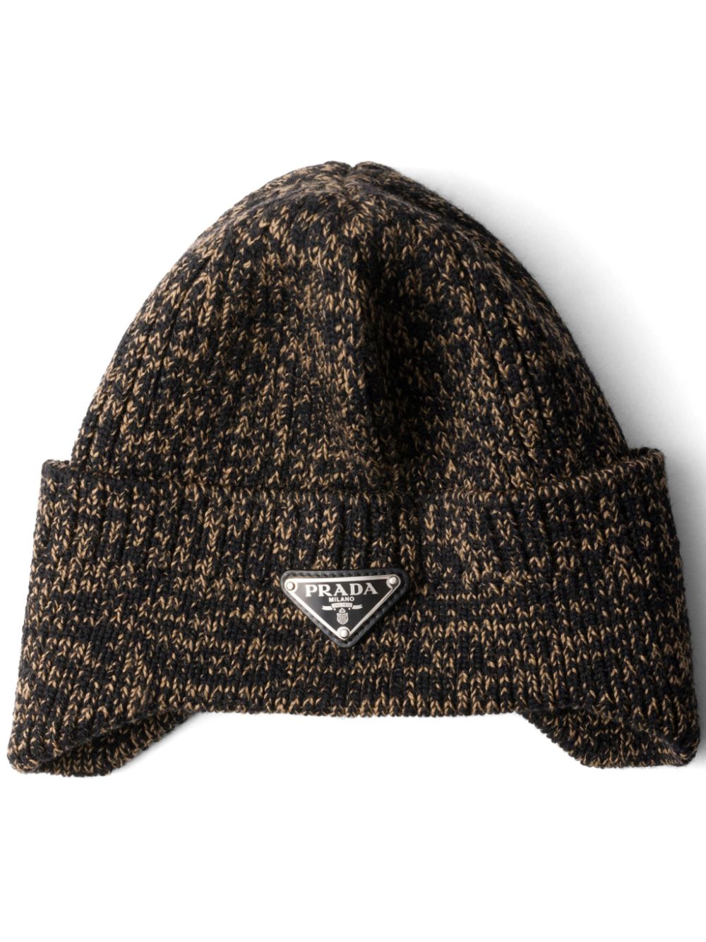 Prada enamel-logo mélange wool beanie - Black von Prada