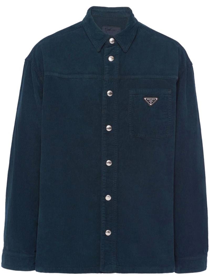 Prada logo-appliqué corduroy shirt - Blue von Prada