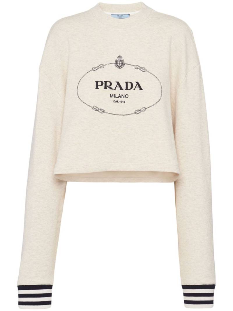 Prada logo-embroidered cotton fleece sweatshirt - Neutrals von Prada