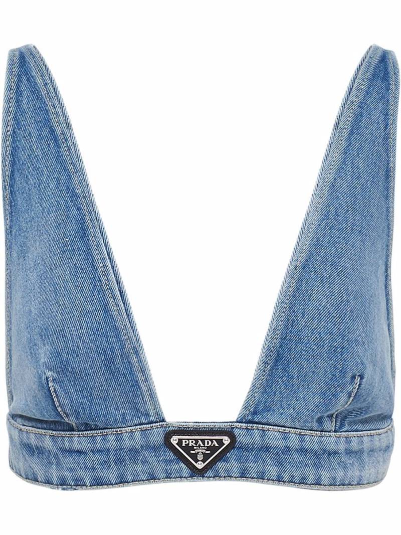 Prada triangle-logo denim bralette - Blue von Prada