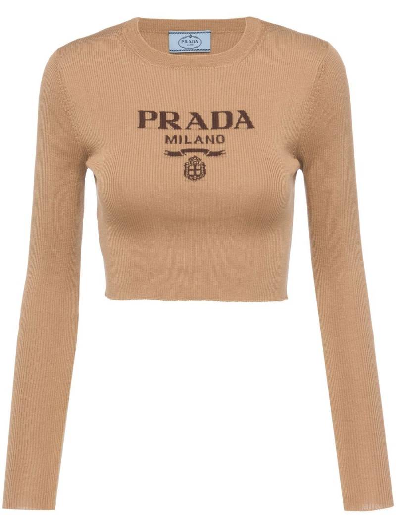 Prada logo-intarsia cropped jumper - Brown von Prada