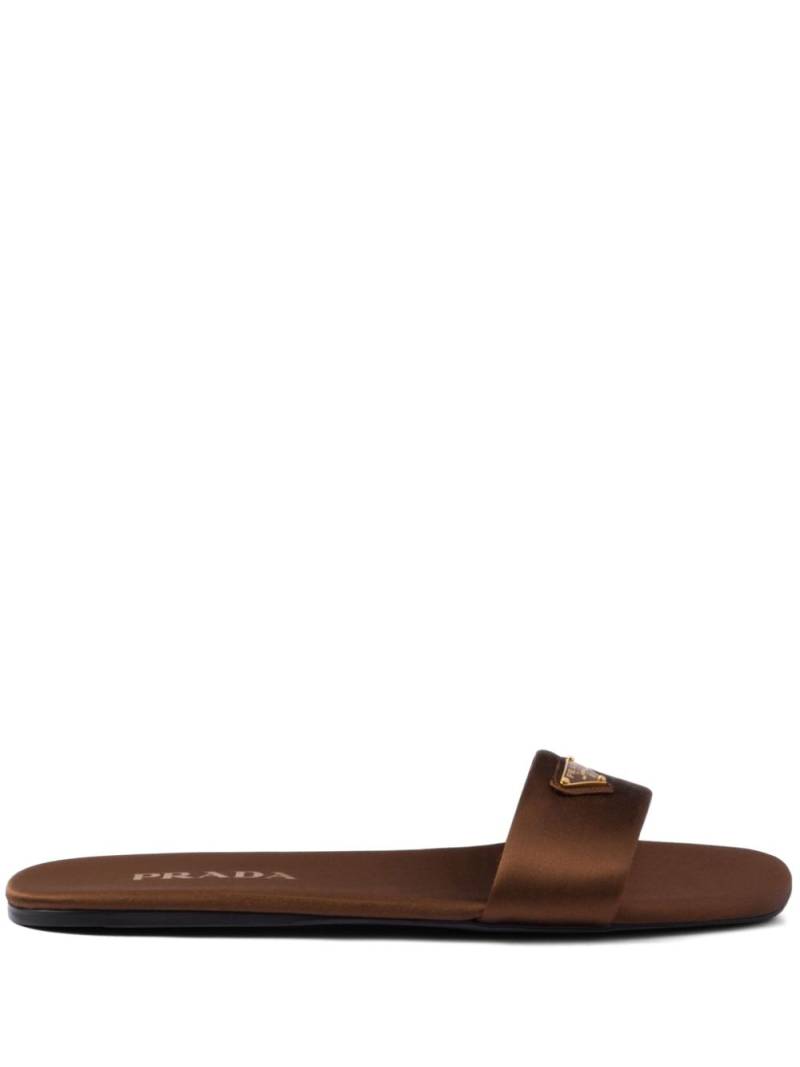 Prada triangle-logo satin slides - Brown von Prada