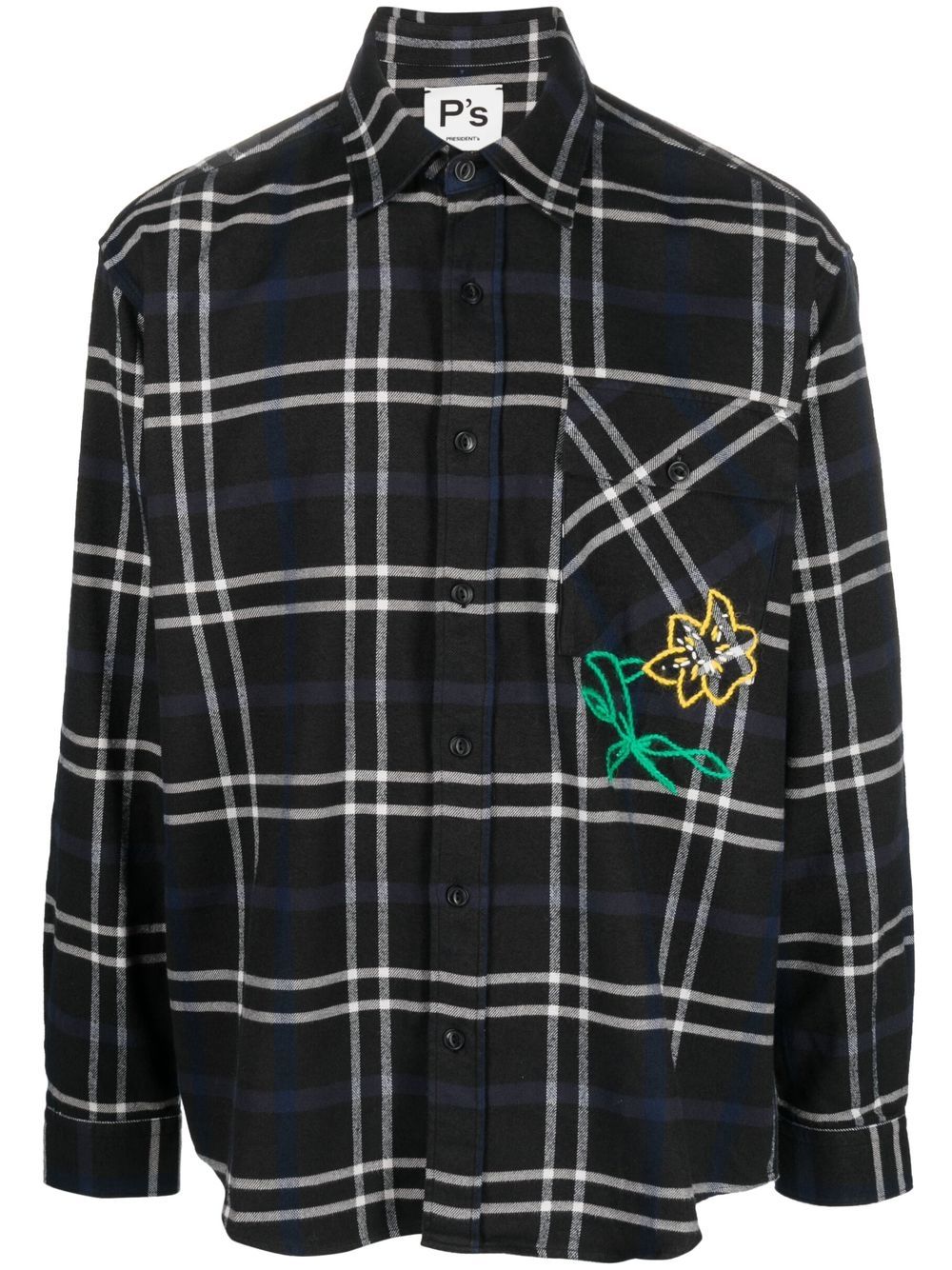 President’S embroidered-floral check shirt - Grey