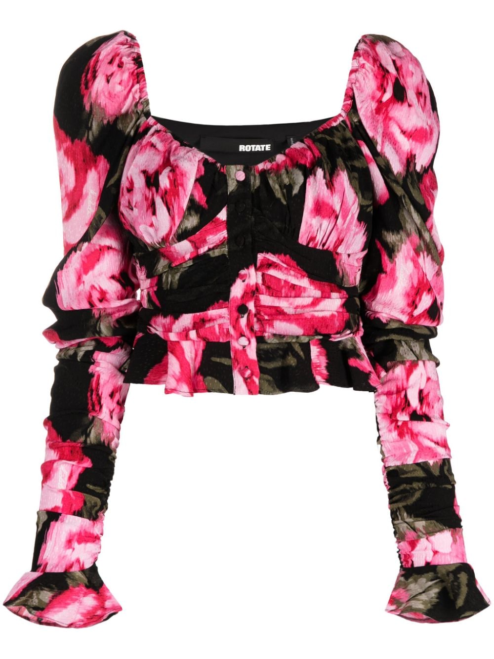 ROTATE BIRGER CHRISTENSEN floral-jacquard gathered cropped blouse - Black von ROTATE BIRGER CHRISTENSEN