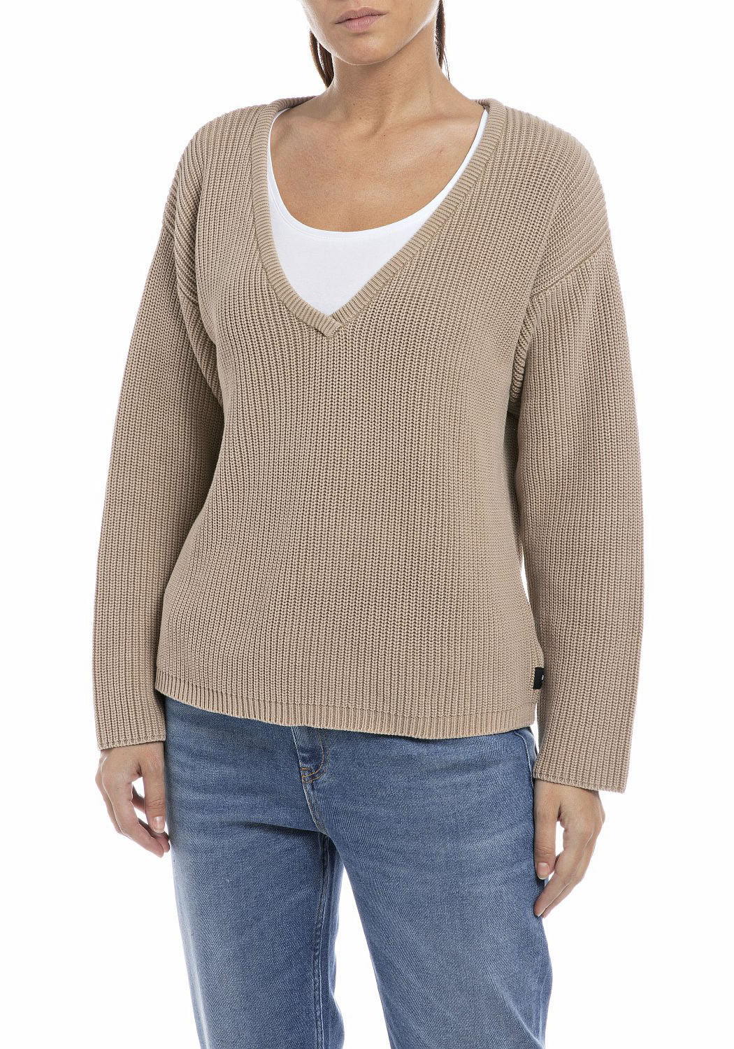 Replay Strickpullover, mit tiefem V-Ausschnitt, aus Baumwolle von Replay