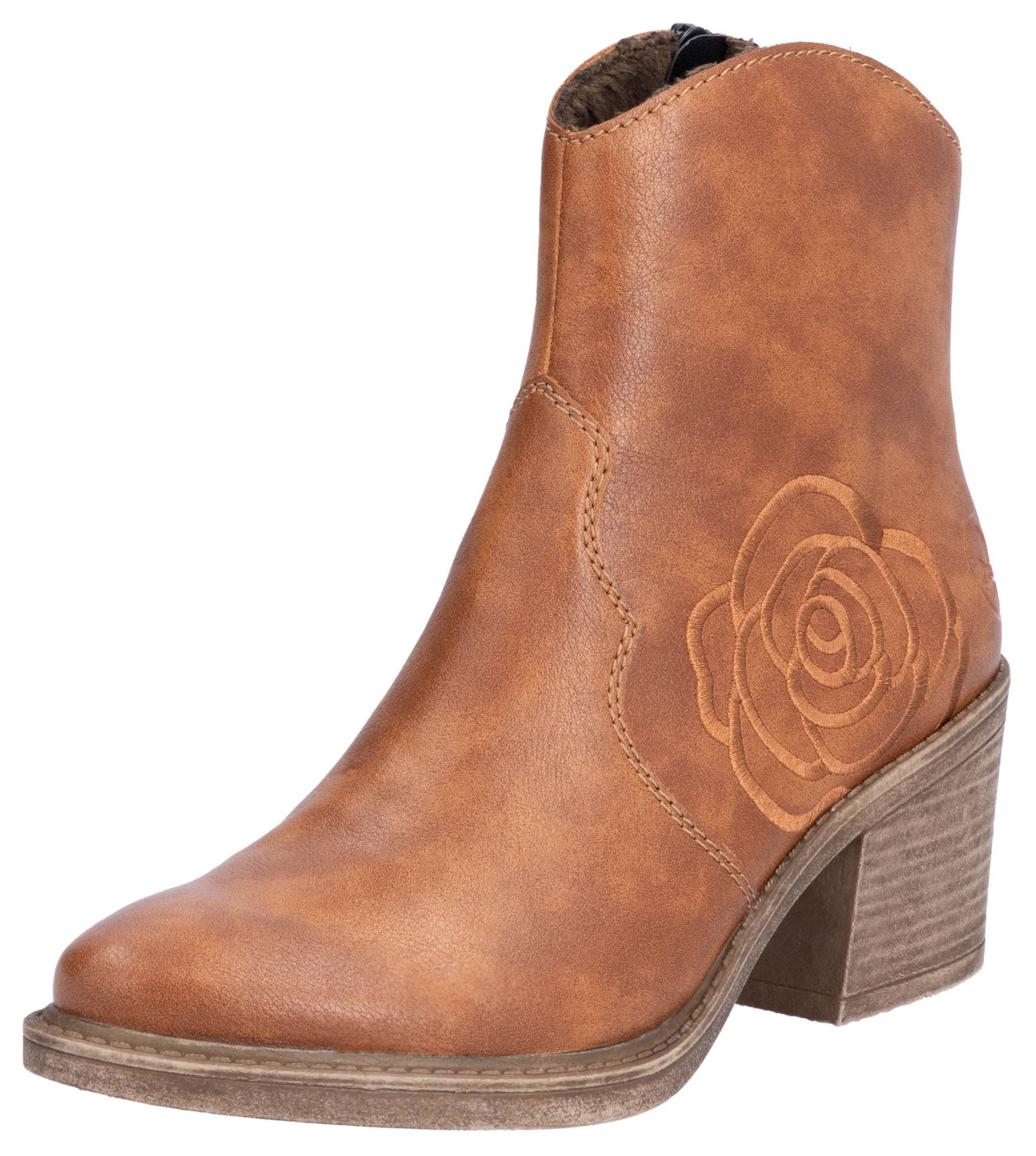 Rieker Westernstiefelette, Cowboyboots, Stiefelette, Blockabsatz, mit Blumenstickerei seitlich von Rieker