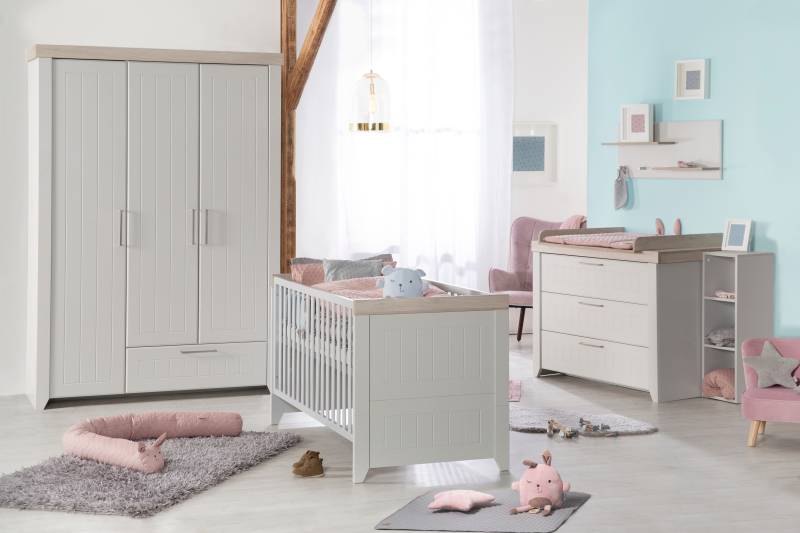 roba® Babyzimmer-Komplettset »Helene«, (Set, Babybett 70x140 cm, Wickelkommode & Kleiderschrank 3-türig), Landhausstil, 2-farbig, umbaubares & höhenverstellbares Gitterbett von Roba®