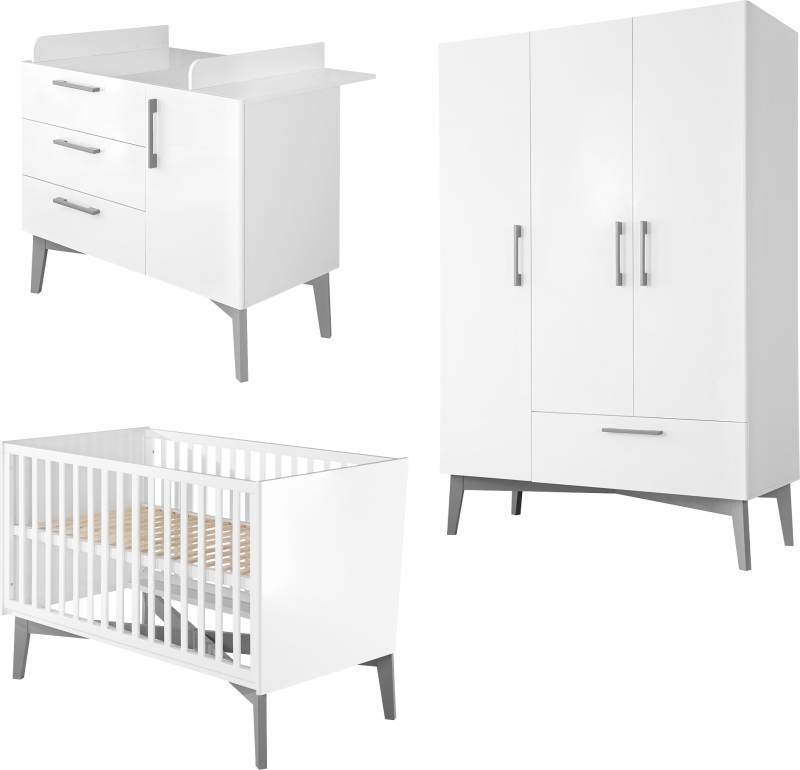 roba® Babyzimmer-Komplettset »Mika«, (Set, 3 tlg., Kombi-Kinderbett, Kleiderschrank, Wickelkommode), mit grauen Füssen im Retro Look von Roba®