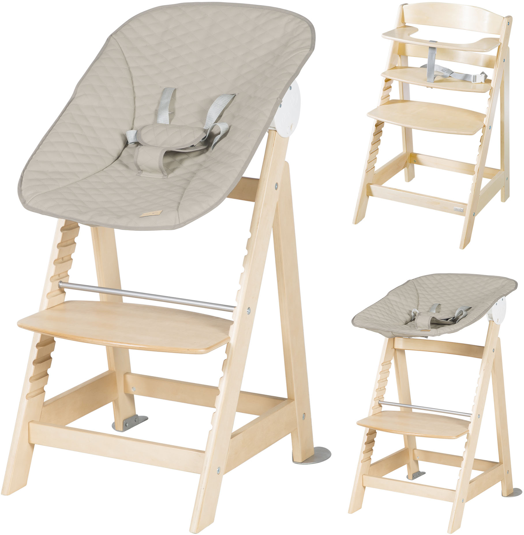 roba® Hochstuhl »Born Up, natur, mit Neugeborenen-Aufsatz, greyish gesteppt«, (Set) von Roba®