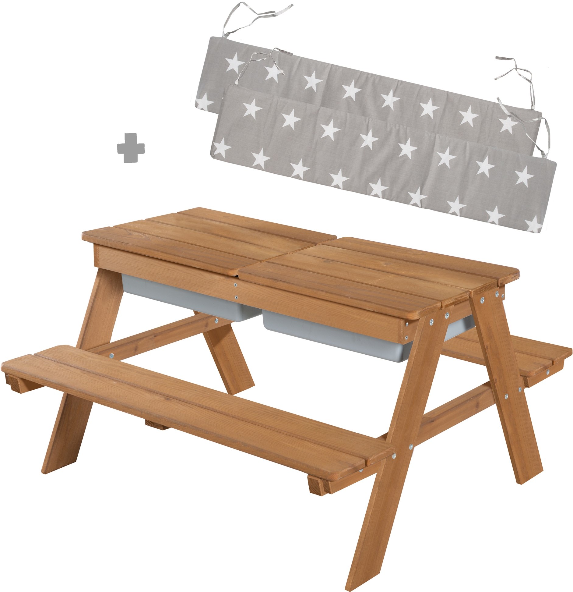 roba® Kindersitzgruppe »Picknick for 4 Outdoor + mit Spielwannen, Teakholz-Optik«, (Set), mit abgerundeten Ecken; inklusive Sitzauflagen Â»Little StarsÂ« von Roba®