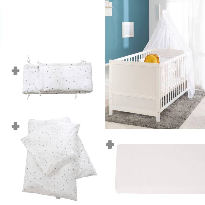 roba® Komplettbett »Sternenzauber, weiss«, (7 tlg.), inkl. Babybett, Matratze, Lattenrost, Himmelstange mit Himmel von Roba®