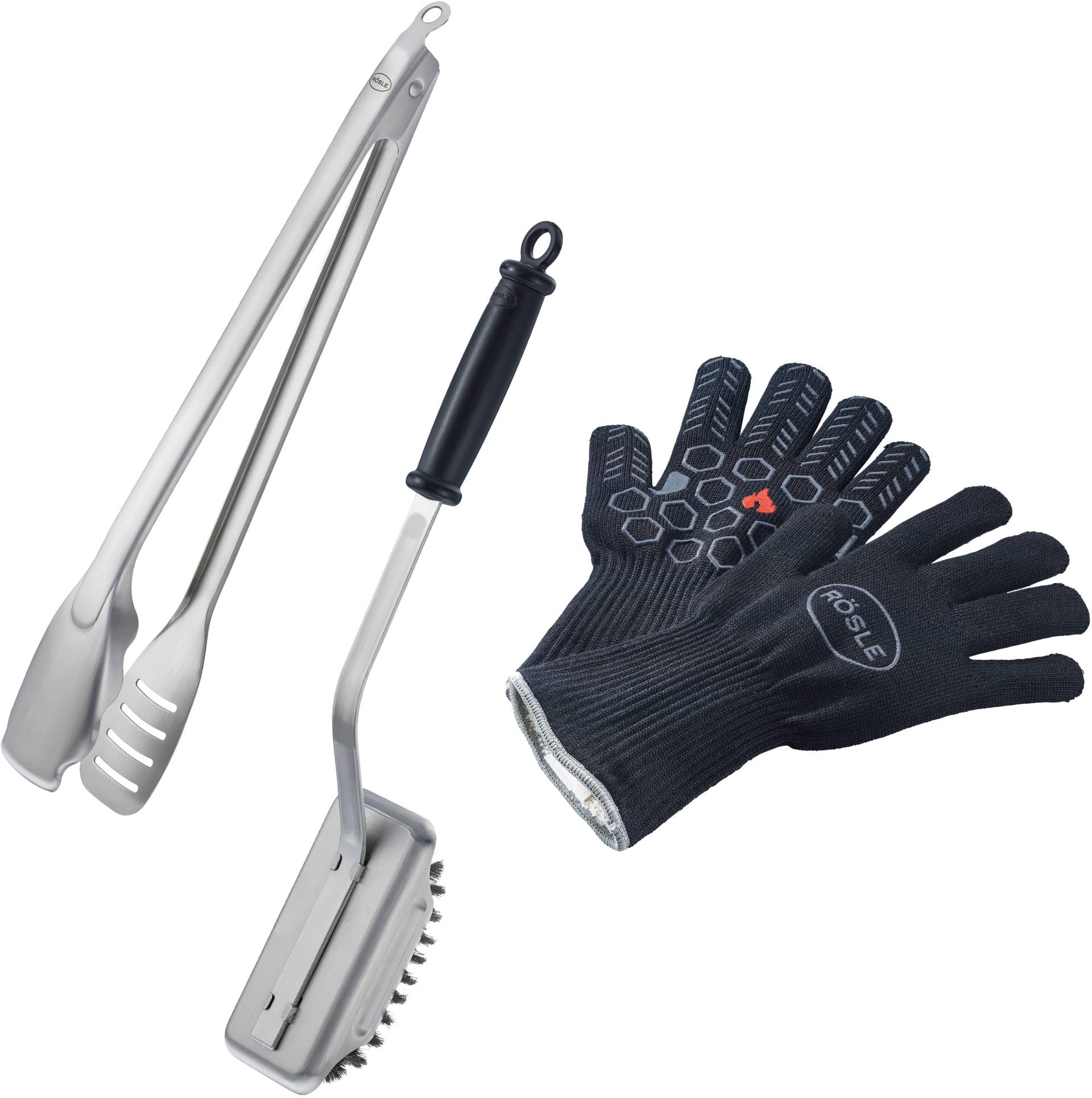 RÖSLE Grillbesteck-Set »BBQ Premium«, (3 tlg.), Grillhandschuhe, BBQ-Grillzange und Reinigungsbürste SlideX von Rösle