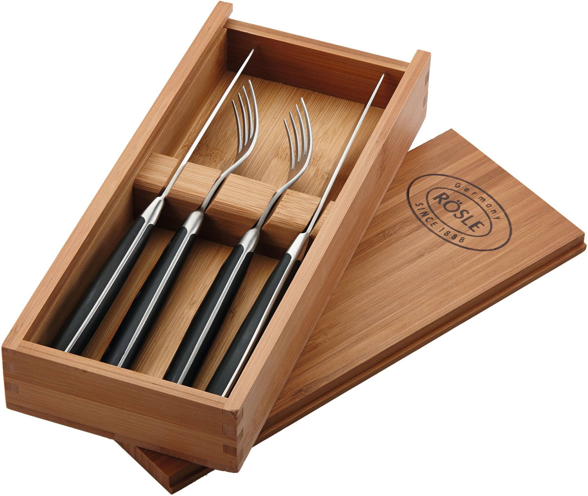 RÖSLE Steakbesteck, (Set, 4 tlg.), Set mit 2 Steakmessern und 2 Steakgabeln, inkl. praktischer Holzbox von Rösle