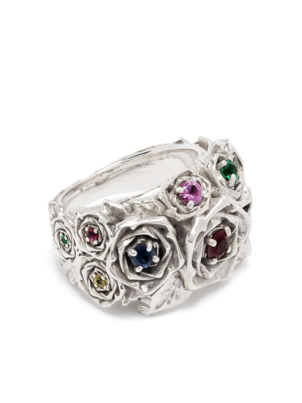 Roses Metals sterling silver multi-stone floral-engraved ring