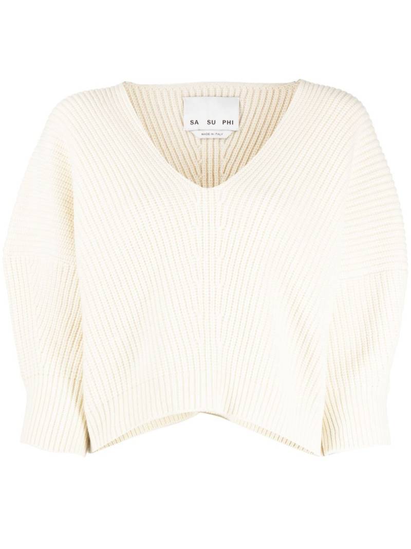 SA SU PHI V-neck ribbed-knit jumper - White von SA SU PHI