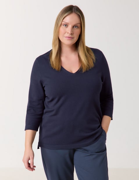 SAMOON Damen 3/4 Arm Basic Pullover mit V-Ausschnitt Viskose, Blau von SAMOON