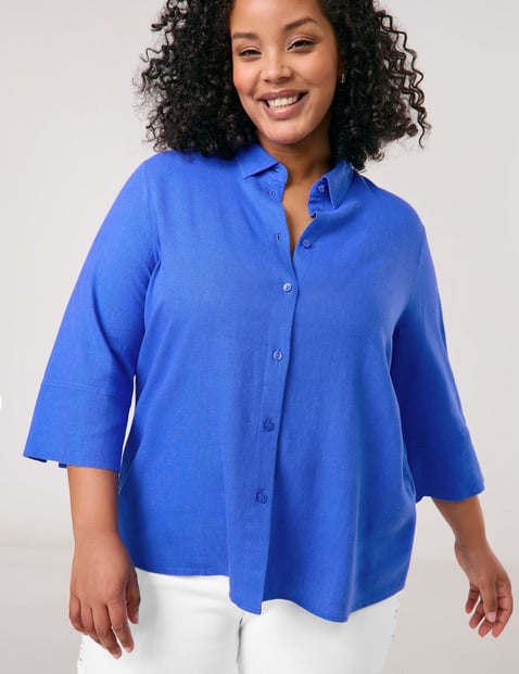 SAMOON Damen 3/4 Arm Bluse aus Viskose-Leinen-Mix 68 cm Hemdkragen unifarben Blau von SAMOON