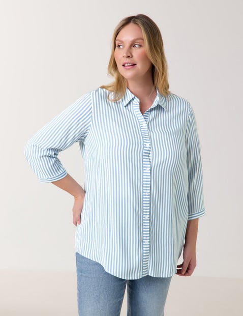 SAMOON Damen 3/4 Arm Bluse mit Streifen-Dessin Viskose 74 cm Hemdkragen gestreift Blau von SAMOON