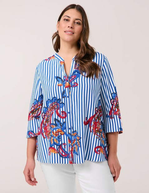 SAMOON Damen 3/4 Arm Bluse mit mit Streifen-Paisley-Muster Viskose 68 cm Tunika-Ausschnitt gestreift Blau von SAMOON