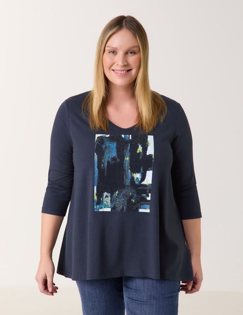 SAMOON Damen 3/4 Arm Shirt mit glitzerndem Frontprint Modal 72 cm V-Ausschnitt Animal-Print Blau von SAMOON