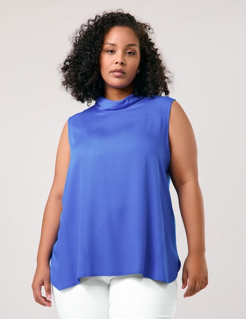 SAMOON Damen Ärmellose Bluse mit Stehkragen Viskose 68 cm unifarben Blau von SAMOON